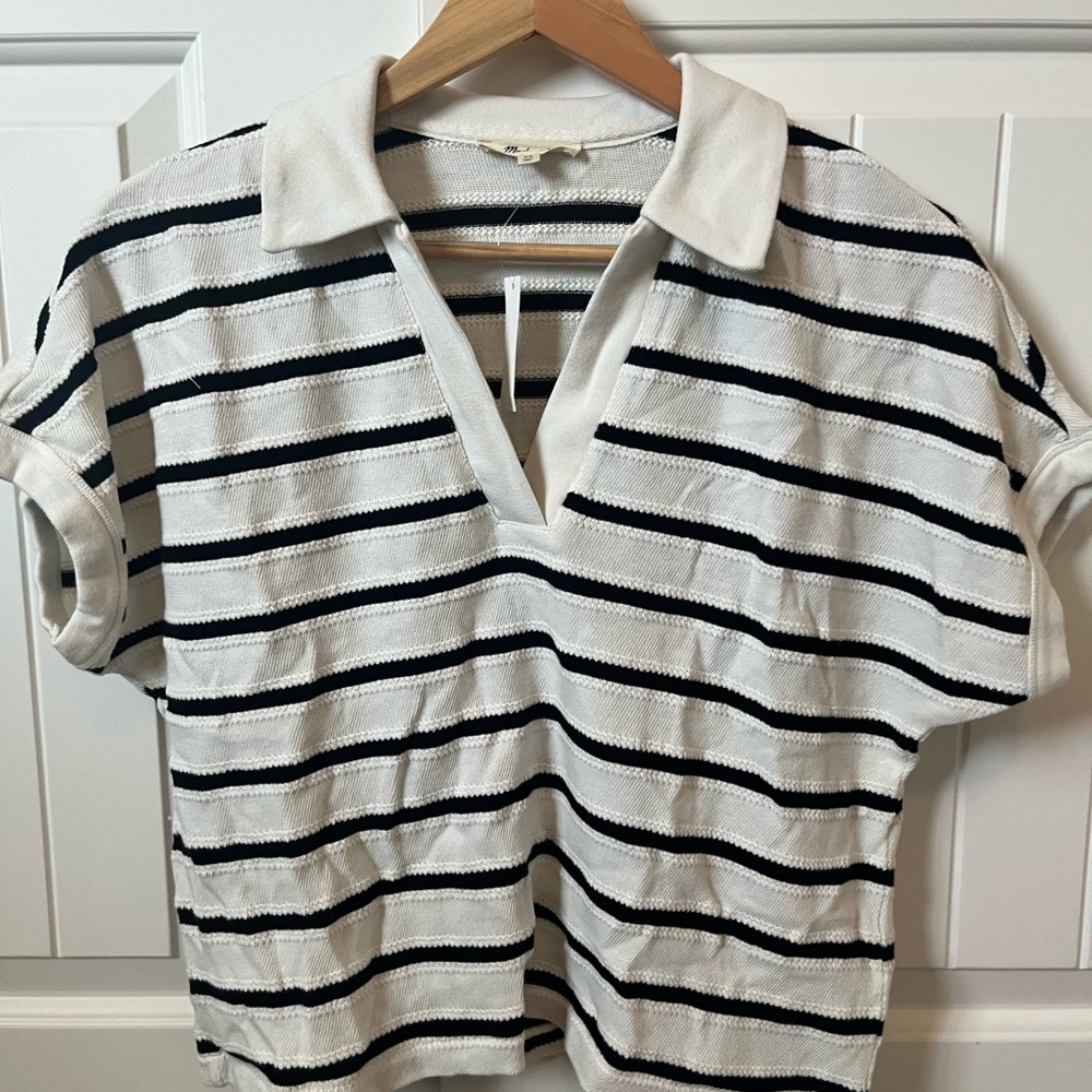 Madewell Striped Black and White Collared Knit Top